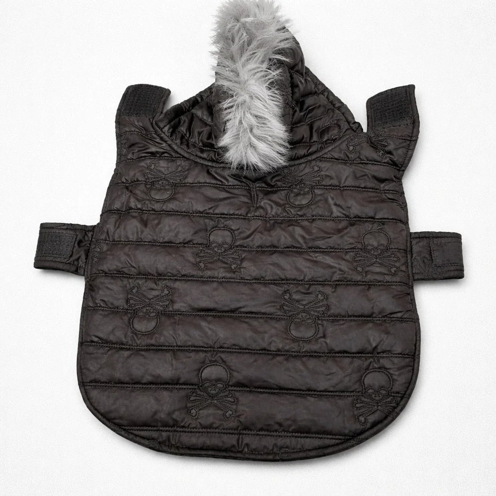 Black Top Paw Dog Puffer Coat Fleece Lined Size Md Skull/ Crossbones Mohawk Fur
